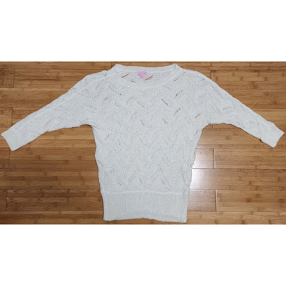 Lilly Pulitzer Larissa Crochet Sweater White 3/4 Sleeve Knit Top Womens M/L